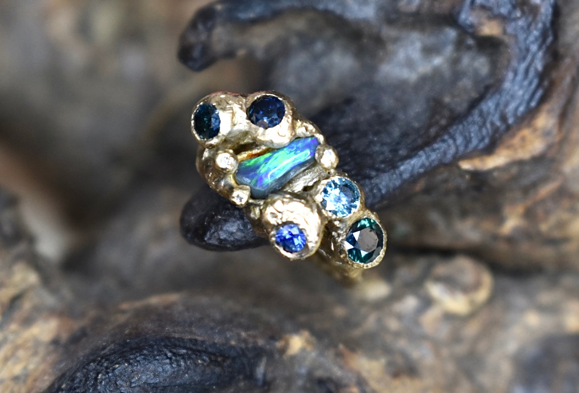 14ct Yellow Gold Sapphire and Opal Ocean Rock Pool Ring. Durdle Door, Dorset.