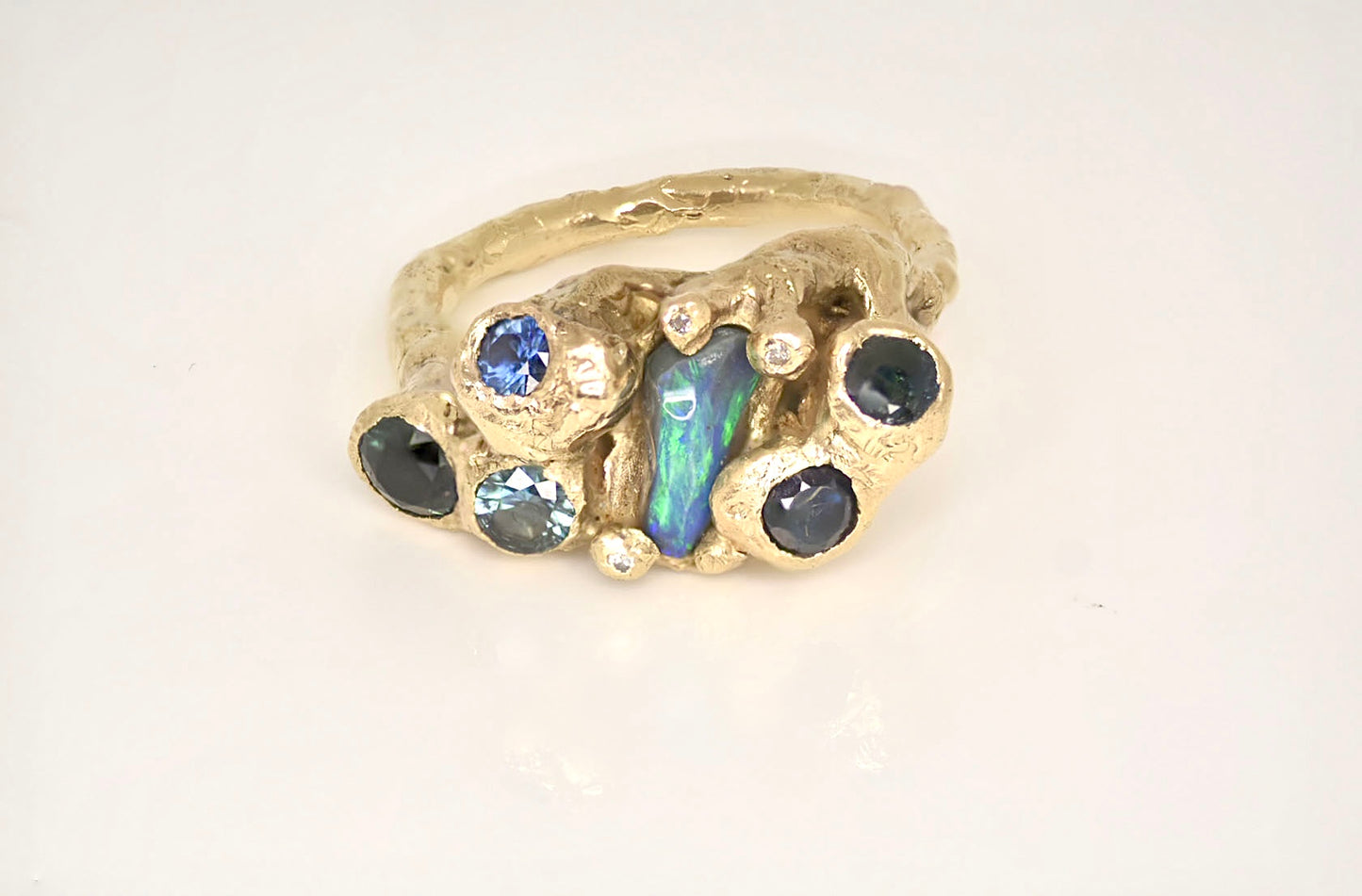 14ct Yellow Gold Sapphire and Opal Ocean Rock Pool Ring. Durdle Door, Dorset.