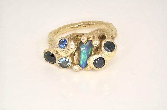 14ct Yellow Gold Sapphire and Opal Ocean Rock Pool Ring. Durdle Door, Dorset.