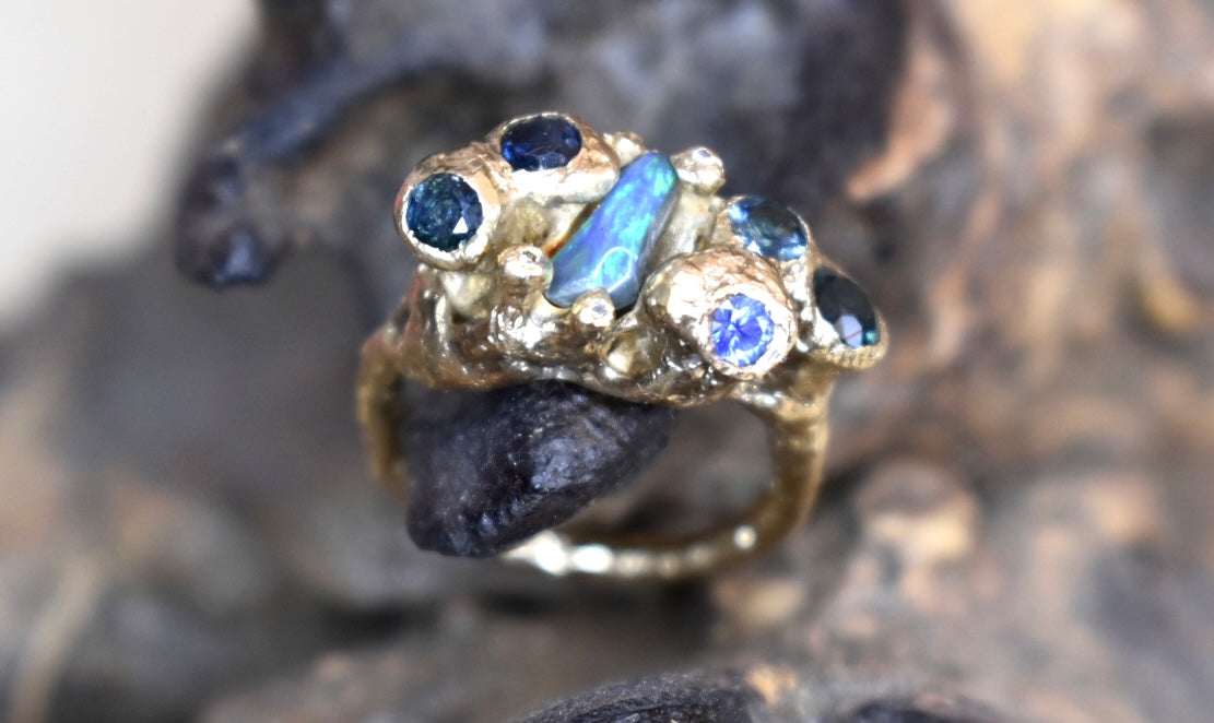 14ct Yellow Gold Sapphire and Opal Ocean Rock Pool Ring. Durdle Door, Dorset.