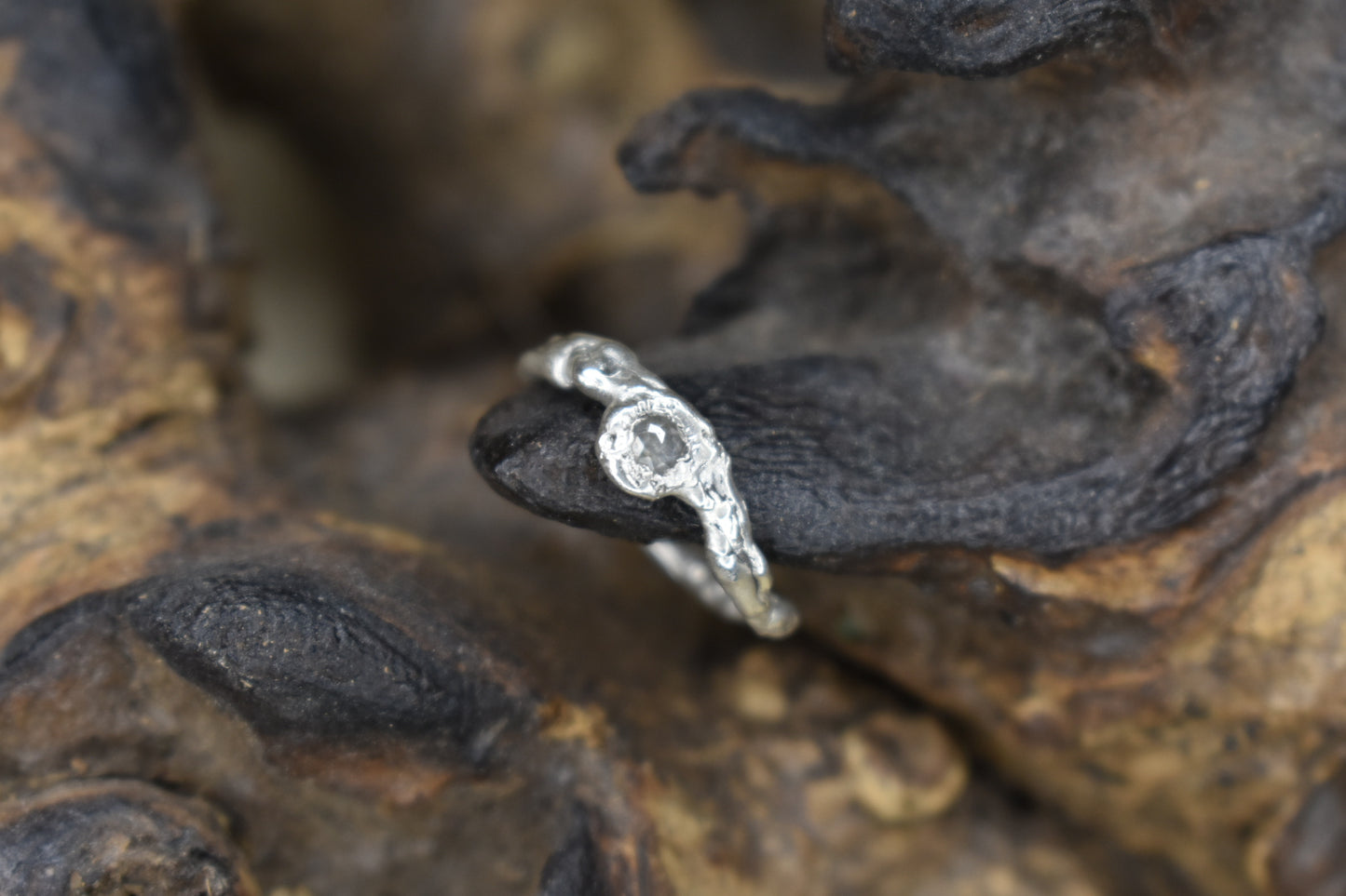 Minimalist ring with salt and pepper diamond. Cairngorm Mountain, Scotland.