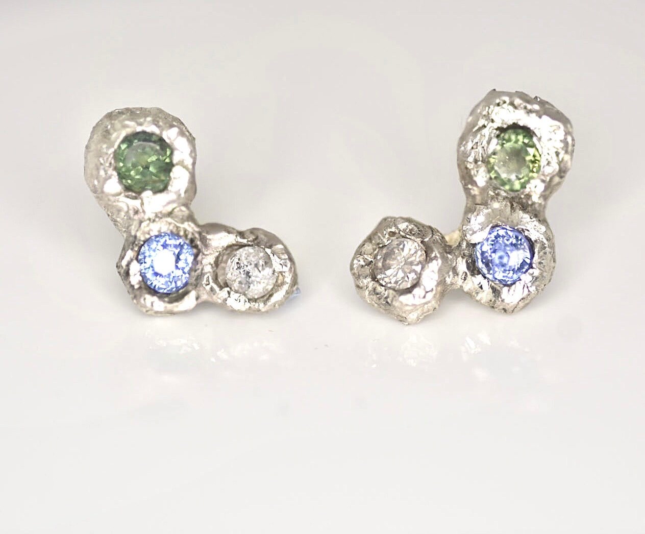 Blue and Green Sapphire with Salt and Pepper Diamond Earrings. Loch Ness, Scotland.