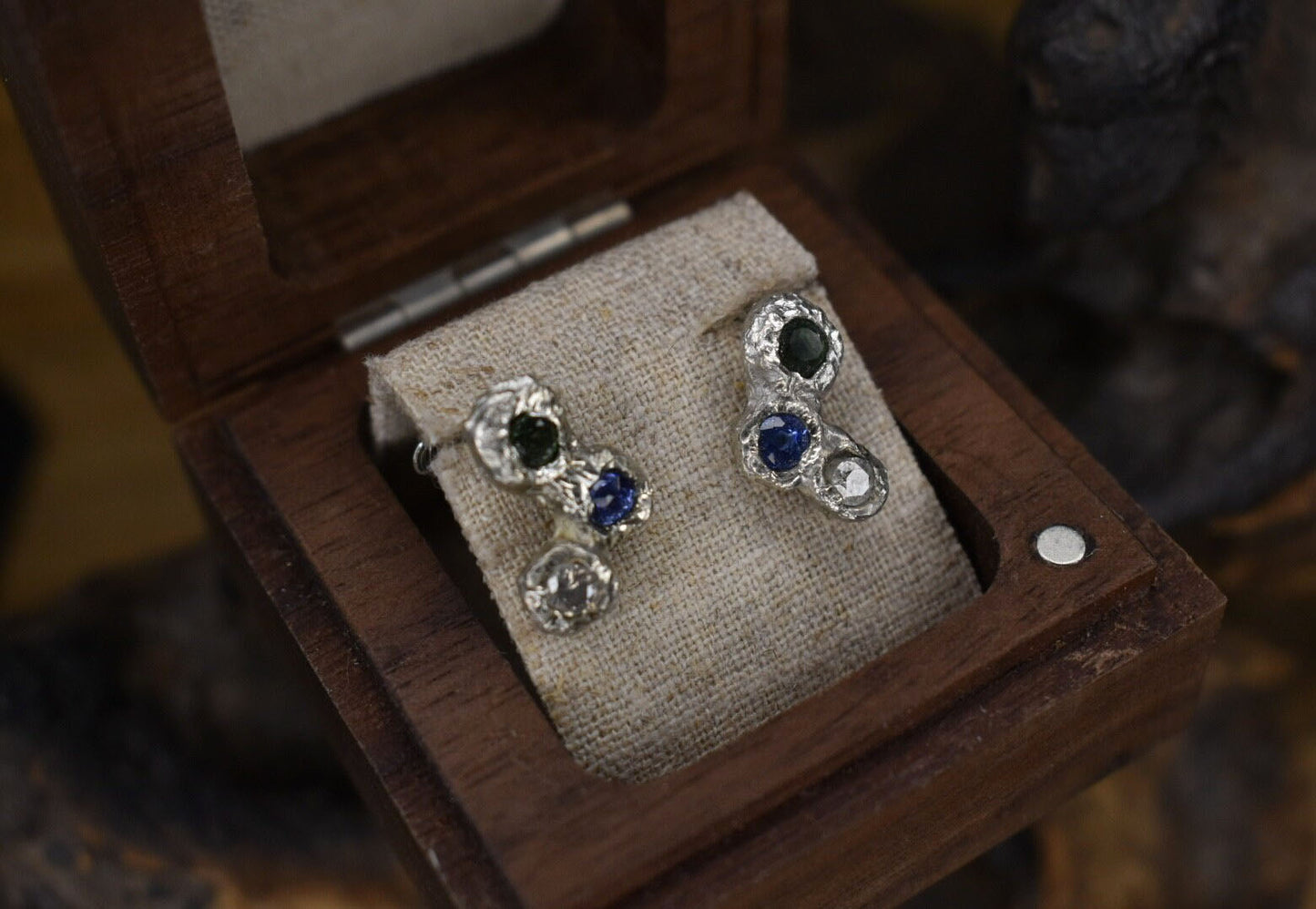 Blue and Green Sapphire with Salt and Pepper Diamond Earrings. Loch Ness, Scotland.