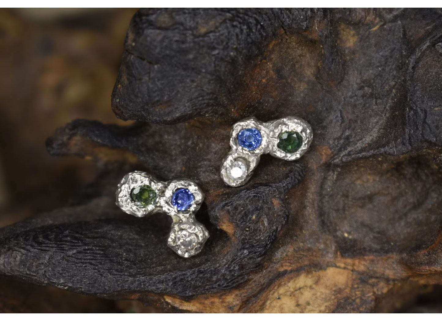 Blue and Green Sapphire with Salt and Pepper Diamond Earrings. Loch Ness, Scotland.