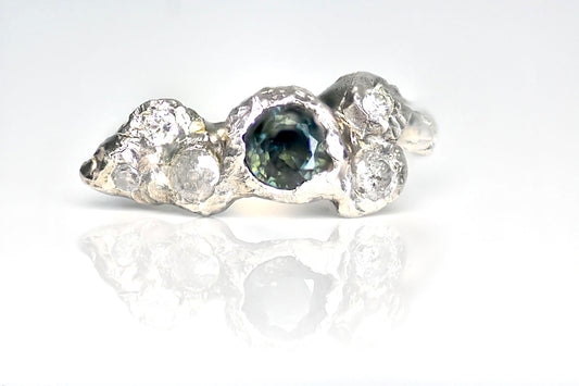 Teal Sapphire and Salt and Pepper Diamond Silver Ring. Christchurch, Dorset.