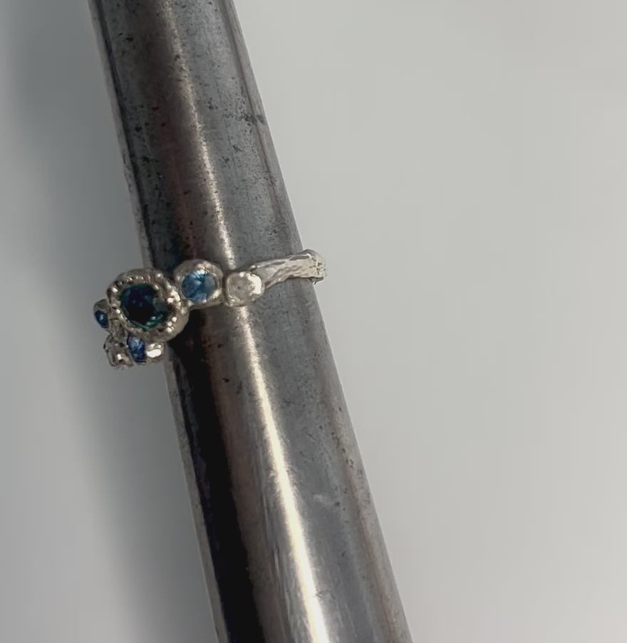 Sapphire and salt and pepper diamond silver ring 