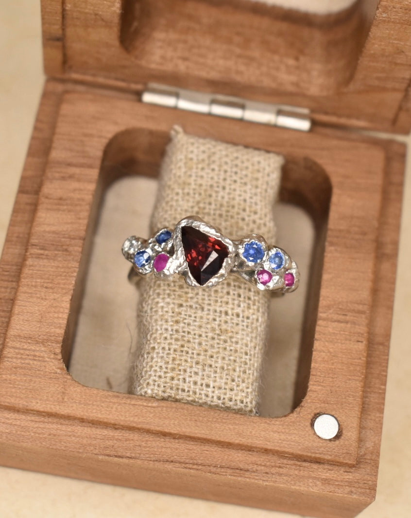 Red Spinel Sapphire and Diamond Silver Ring. Old Harry Rocks, Dorset.