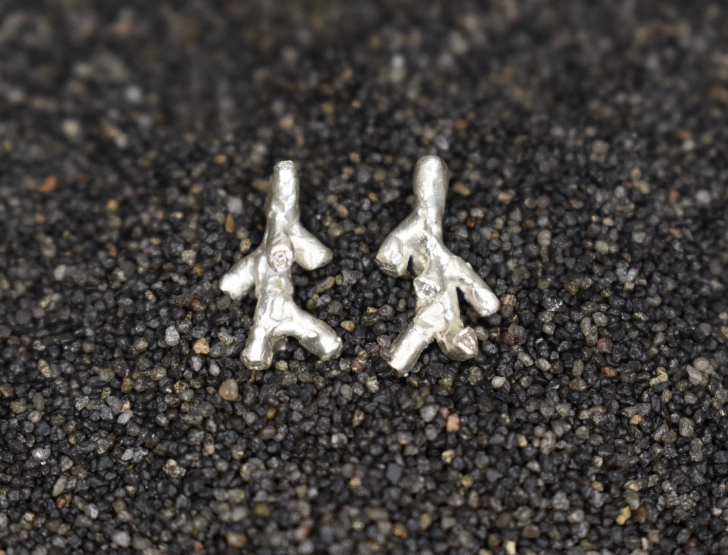 Silver and Diamond Coral Style Earrings. Ullapool, Scotland.