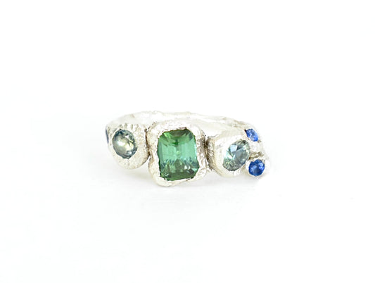 Green Tourmaline and Sapphire Silver Ring. Christchurch, Dorset.