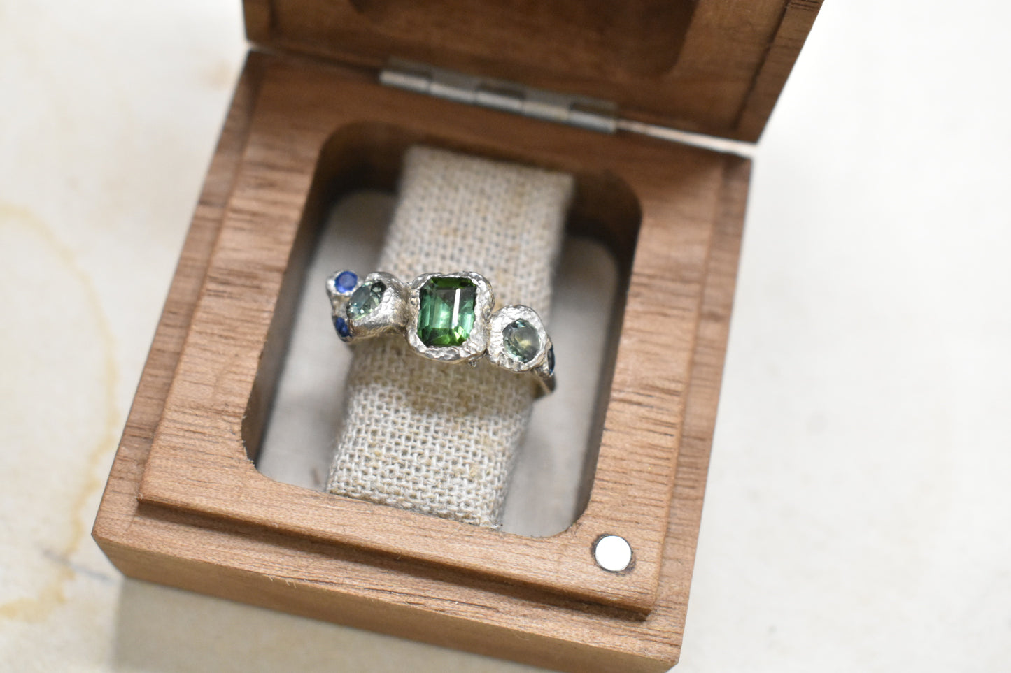 Green Tourmaline and Sapphire Silver Ring. Christchurch, Dorset.